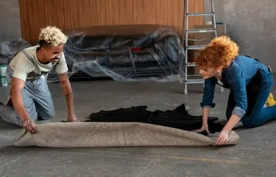 Couple handling a carpet together in their new home