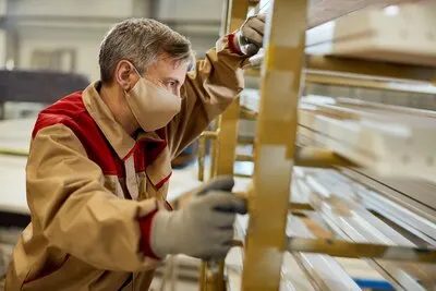 Pensive carpenter wearing protective face mask while working in a workshop
