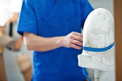 Prosthetist man making prosthetic leg while working in laboratory makes a model of plaster