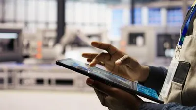 Close up of engineer using tablet to design solar panels factory layouts