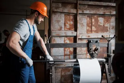 Portrait of a young worker in a hard hat at a large metalworking plant.