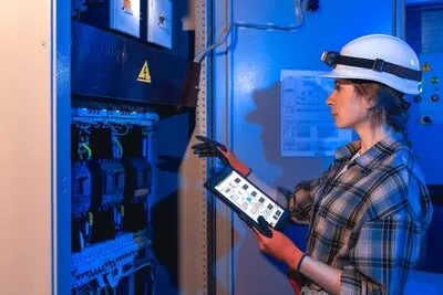 Woman electrician works with tablet near electrical panel digital control