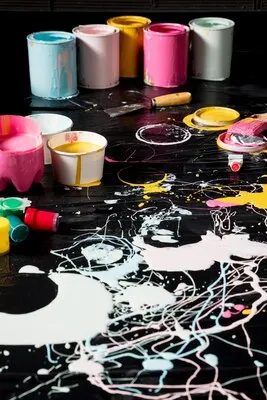 High angle of paint cans with paint